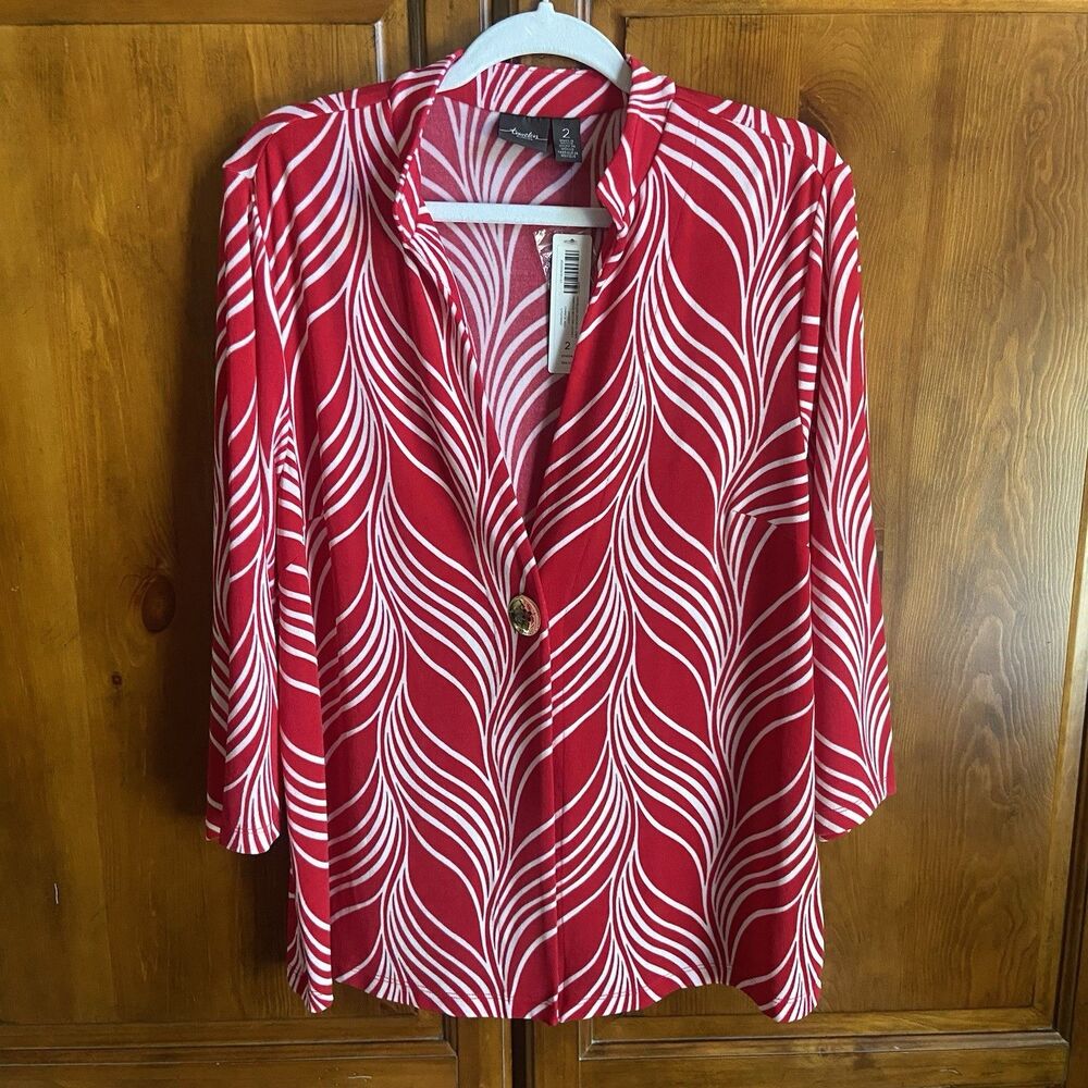Chico's Travelers Liquid Knit One Button Jacket Sz Large Red/White Swirl Stripes